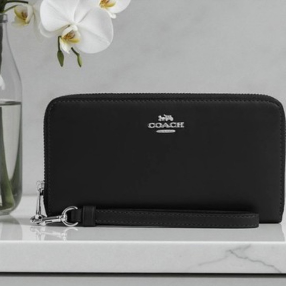 Coach Black Leather Long Zip Wallet with Silver Hardware